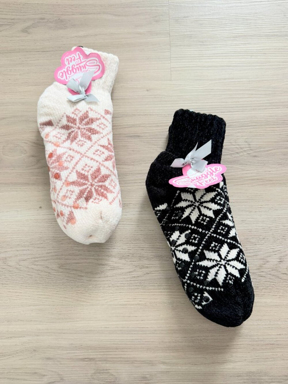 2 Pairs Set Beige/Black Snuggle Feet Slipper Cozy Winter Socks